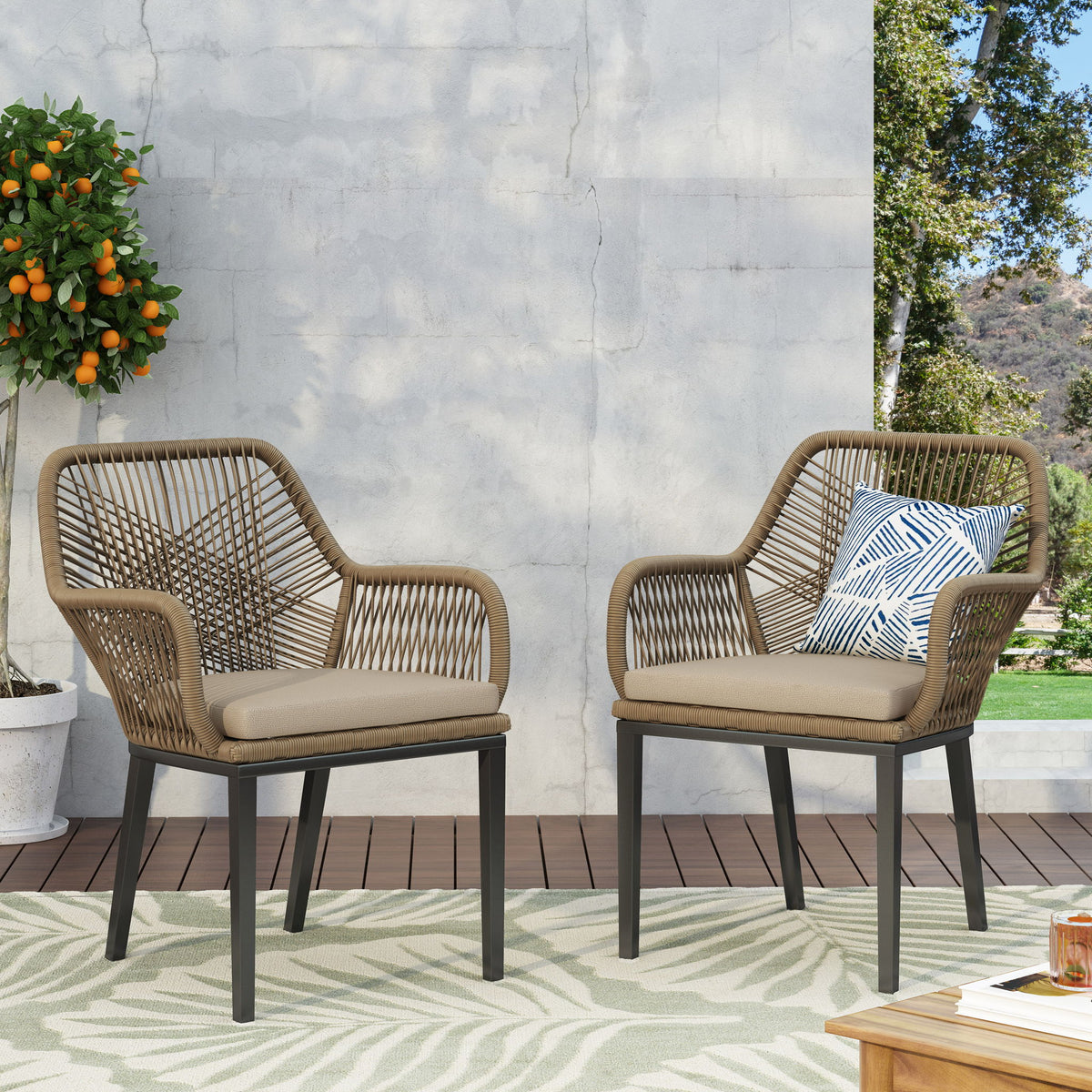 Modern Wicker Dining Club Chair With Water Resistant Cushions - Brown / Beige
