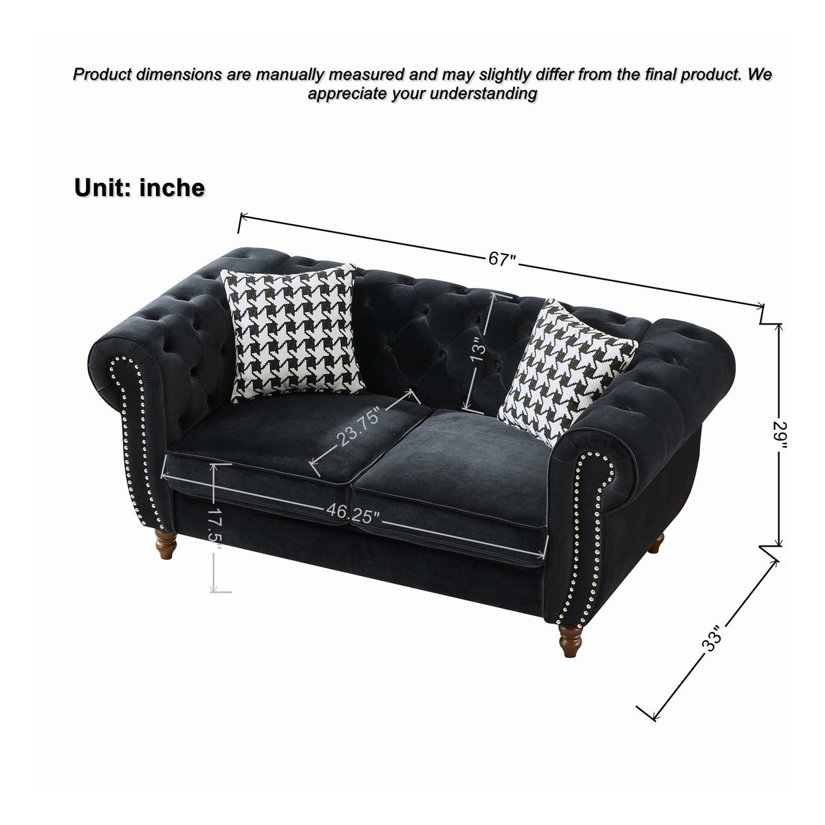 Chesterfield 3 And 2 Seater Upholstery Sofa With Roll Armrest & Nailhead Fabric Couch