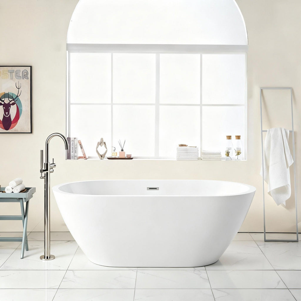Elegant Oval Freestanding Bathtub, Overflow & Pop Up Drain