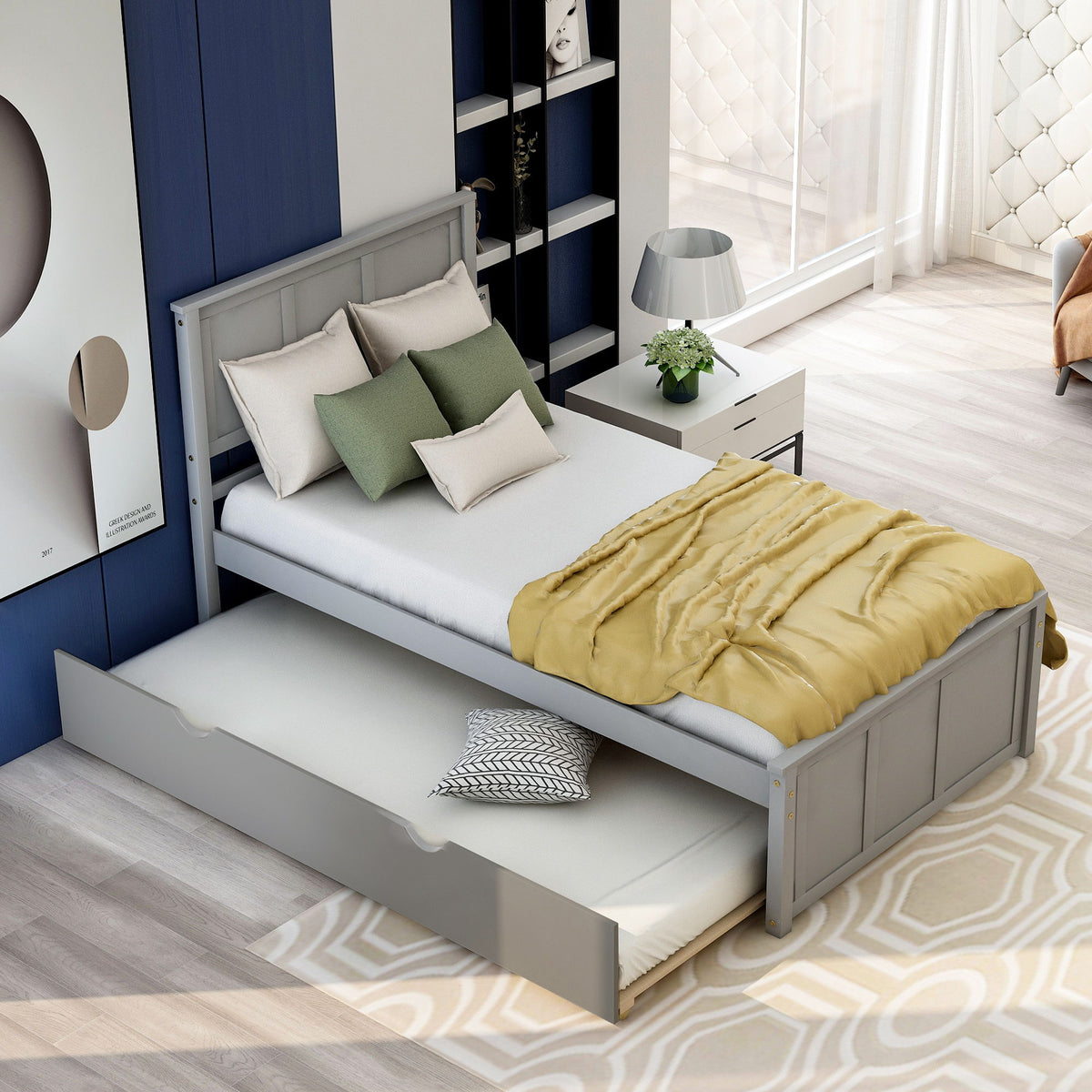 Platform Bed With Twin Trundle And Frame, Twin Size - Gray