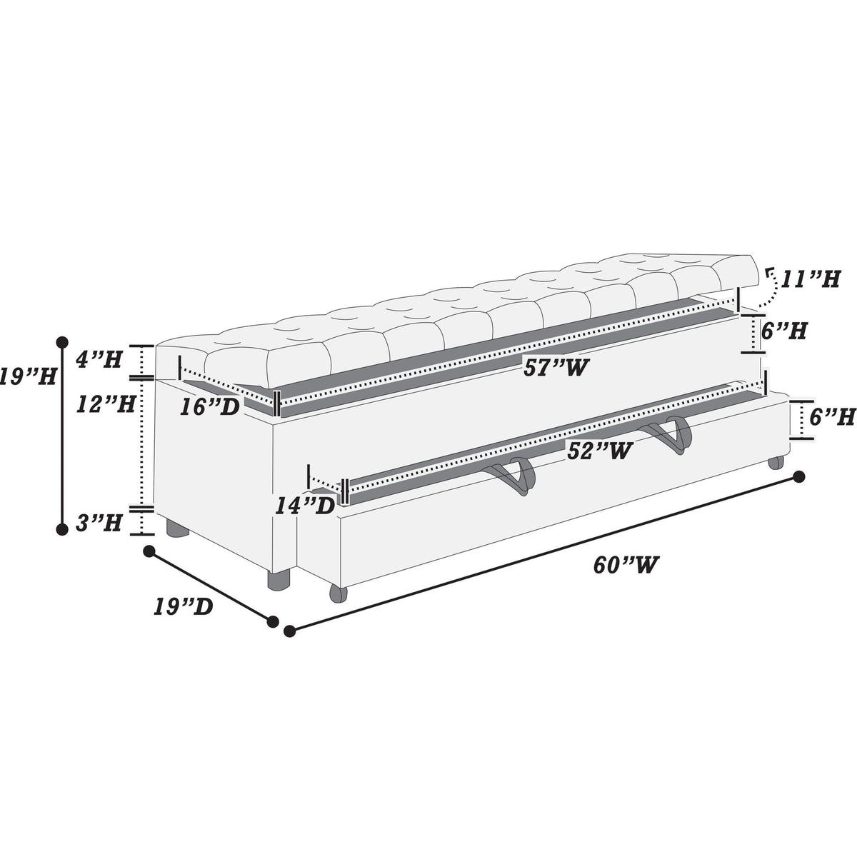 Storage Ottoman With Tufted Seat And Underseat Drawer