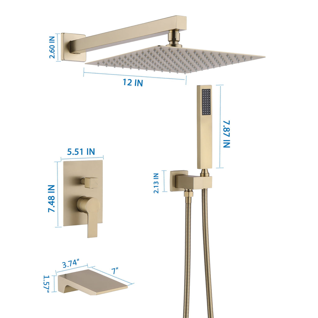Tub Shower Faucet Set With 12" Rain Shower Head And Handheld Spray Combo