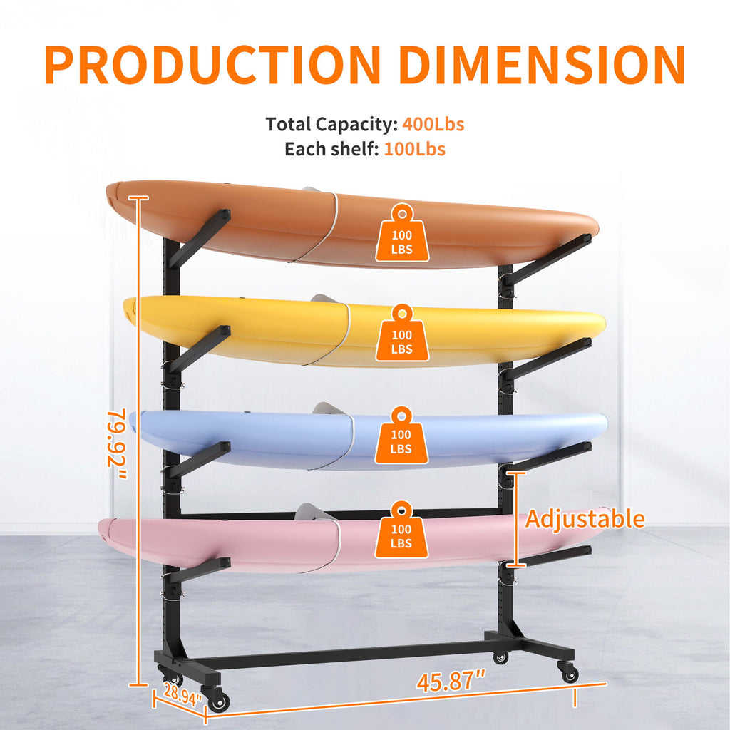 Freestanding Kayak Storage Rack With Lockable Wheels For Kayak, Canoe, Sup & Surfboard