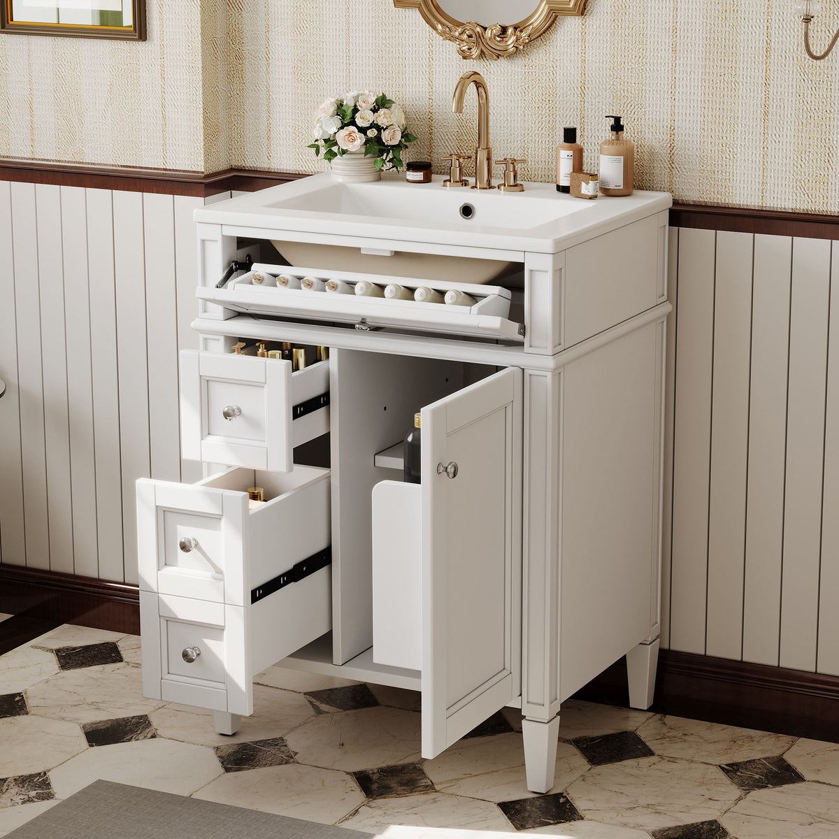 Bathroom Vanity With Top Sink, Storage Cabinet With 2 Drawers And Tip-Out Drawer