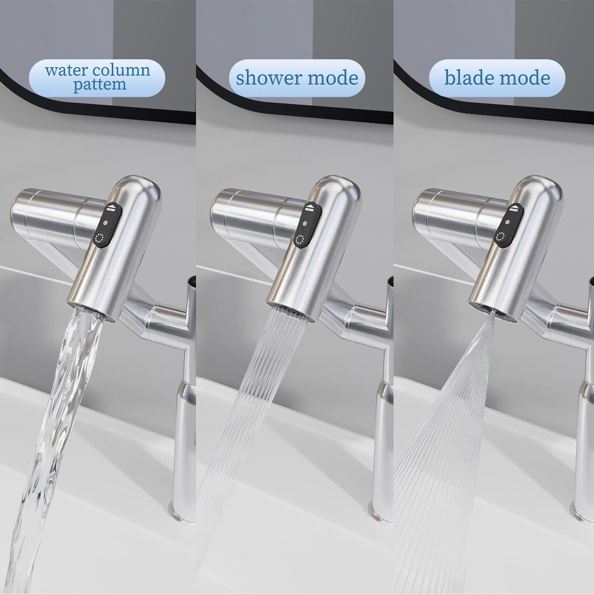 Bathroom Sink Faucet With Spray Function And Temperature Display, Anti Skid Switch, 360 Degree Rotary