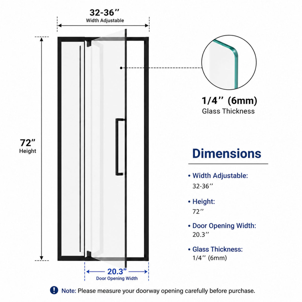 Semi-Frameless Pivot Hinged Shower Door, Reversible Design