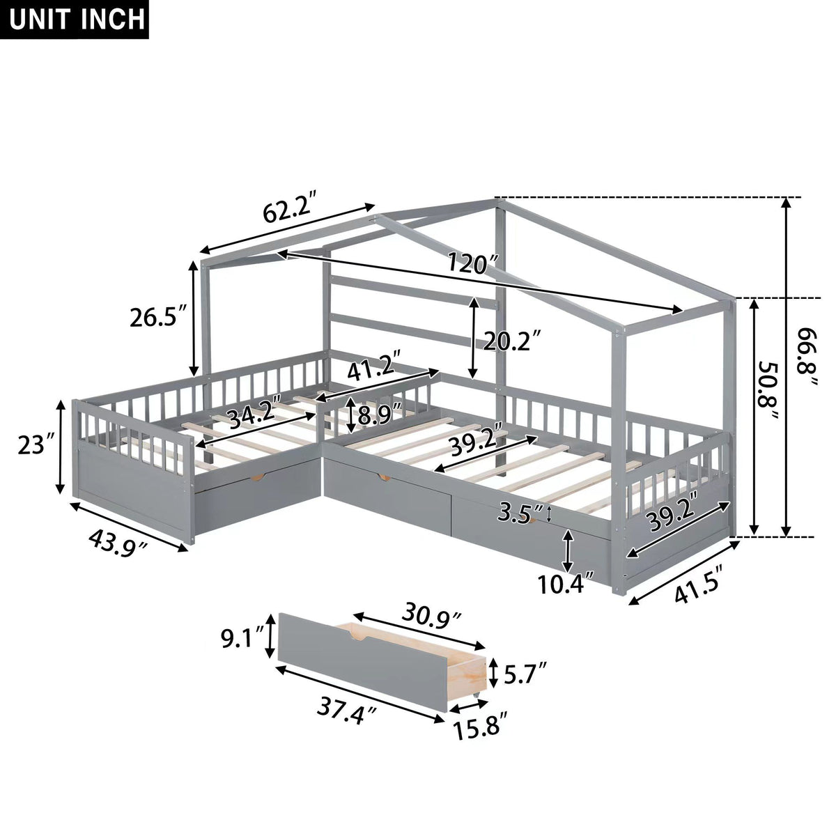 L Shape Platform Bed With 3 Storage Drawers