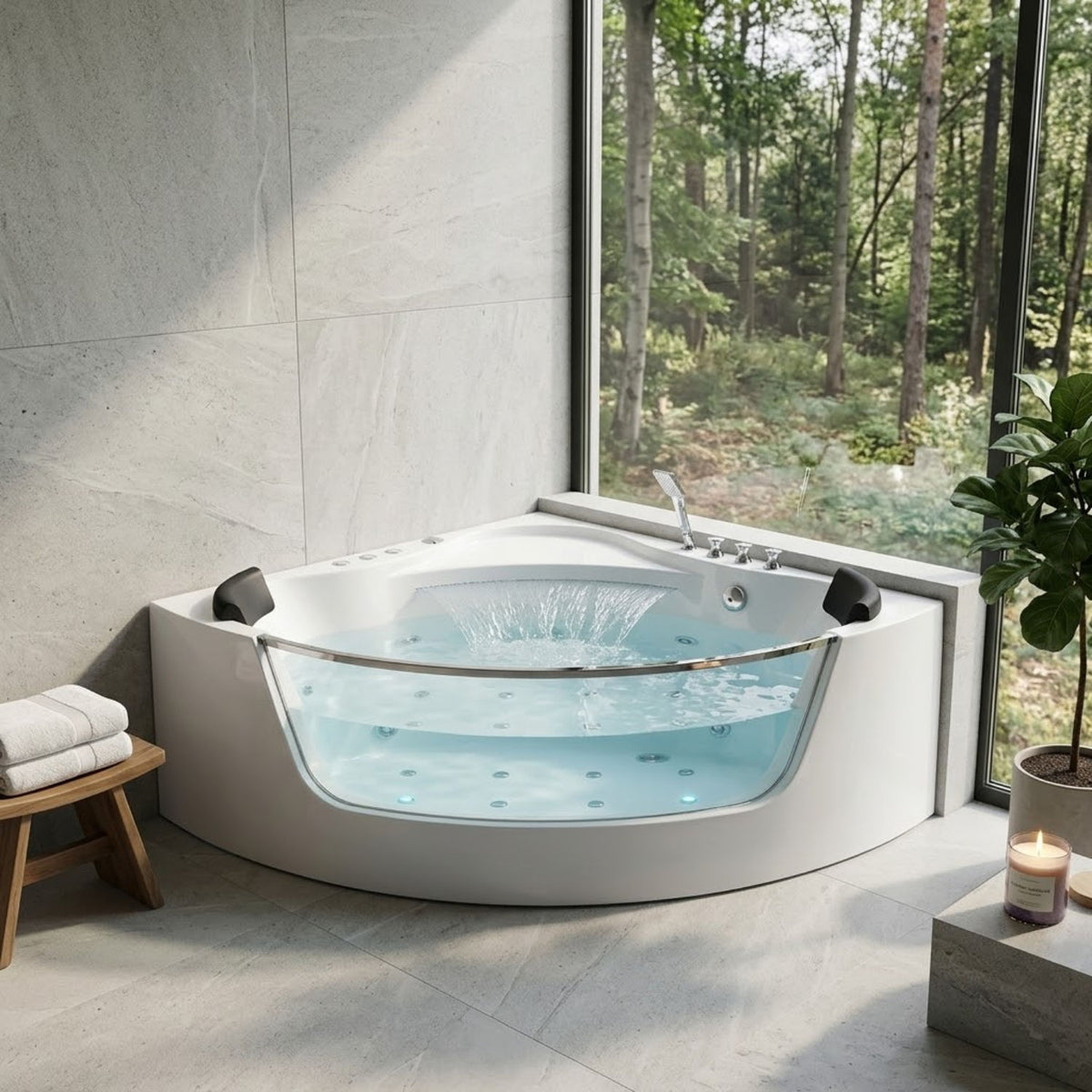 Revive - Massage Bathtub With 1.5 Hp Whirlpool Massage, Hidden Waterfall, LED Bubble Jets And Glass Accent - White