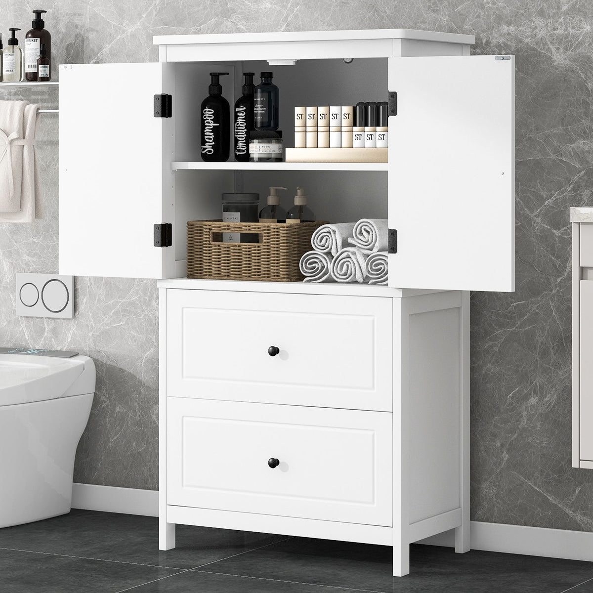 Bathroom Storage Cabinet With 2 Doors And Drawers, Adjustable Shelf