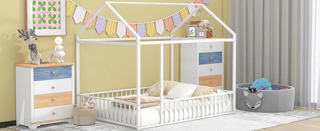 Metal Bed House Bed Frame With Fence