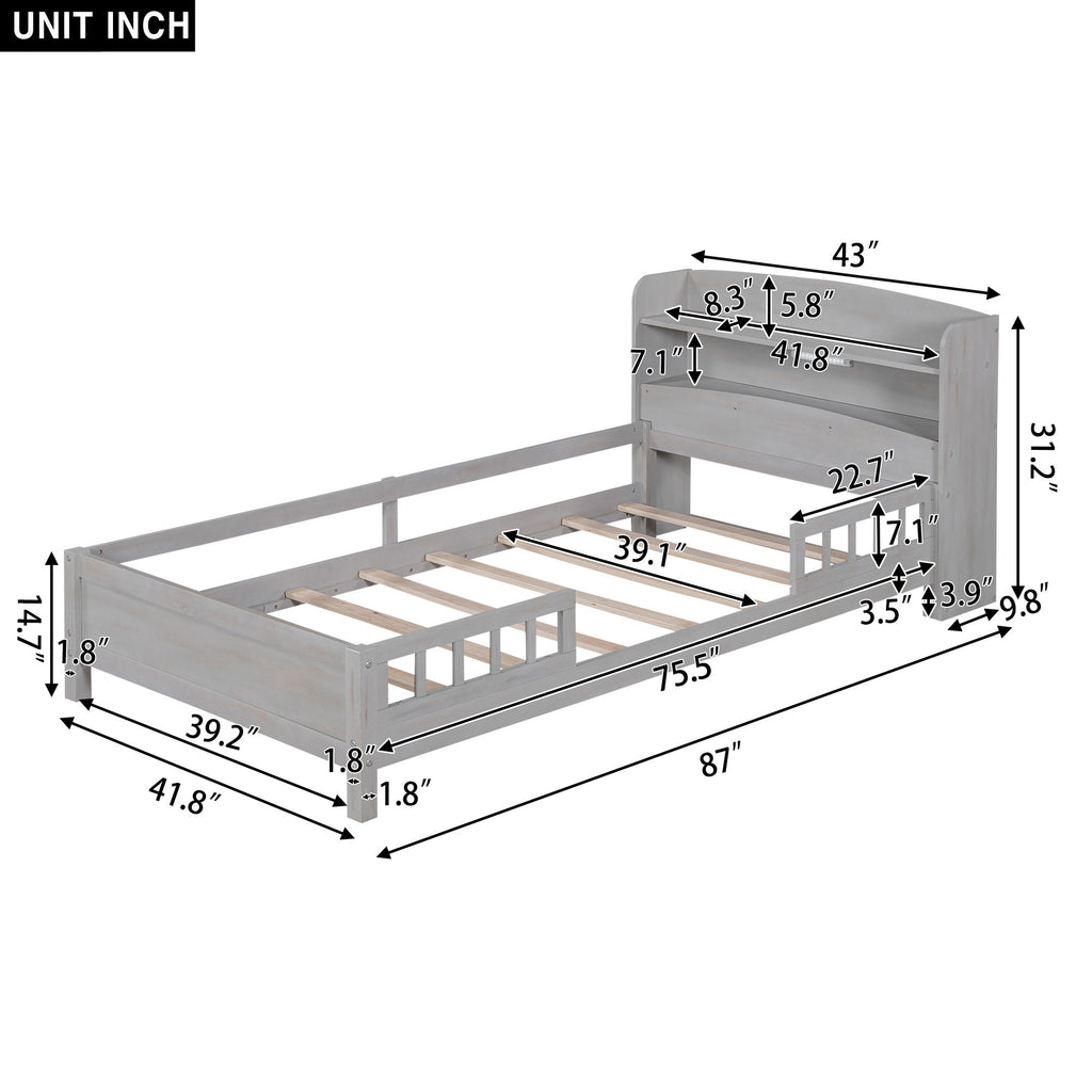 Wood Platform Bed With Built In LED Light, Storage Headboard And Guardrail