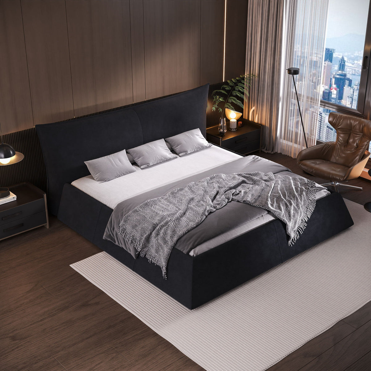 Upholstered Platform Bed With Special Shaped Headboard