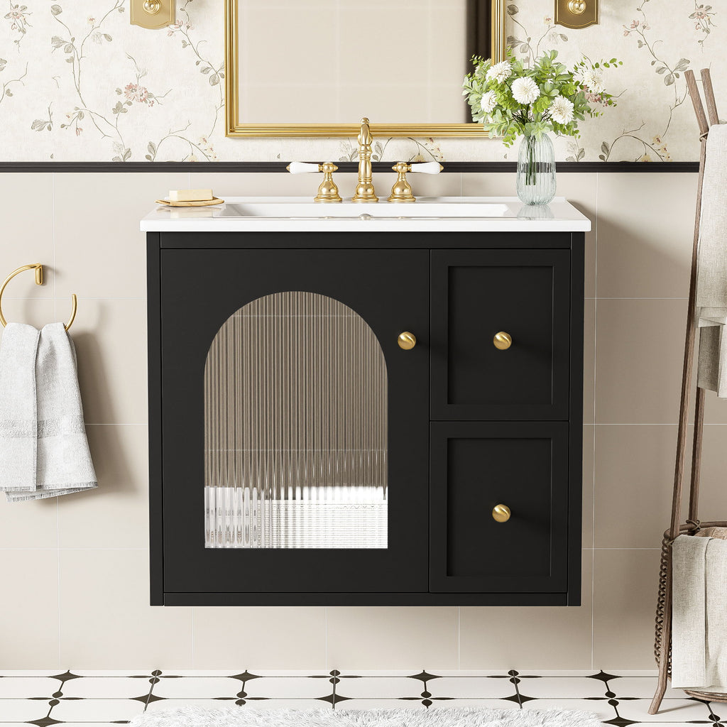 Wall-Mounted Bathroom Vanity Set With Sink, 2 Drawers And Soft-Close Door
