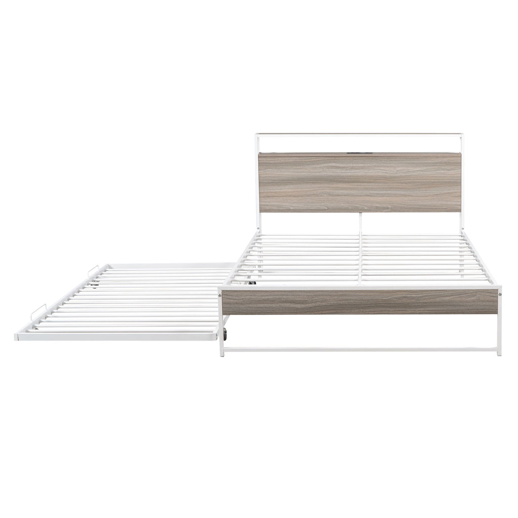 Platform Bed Frame With Trundle, USB Ports And Slat Support, No Box Spring Needed