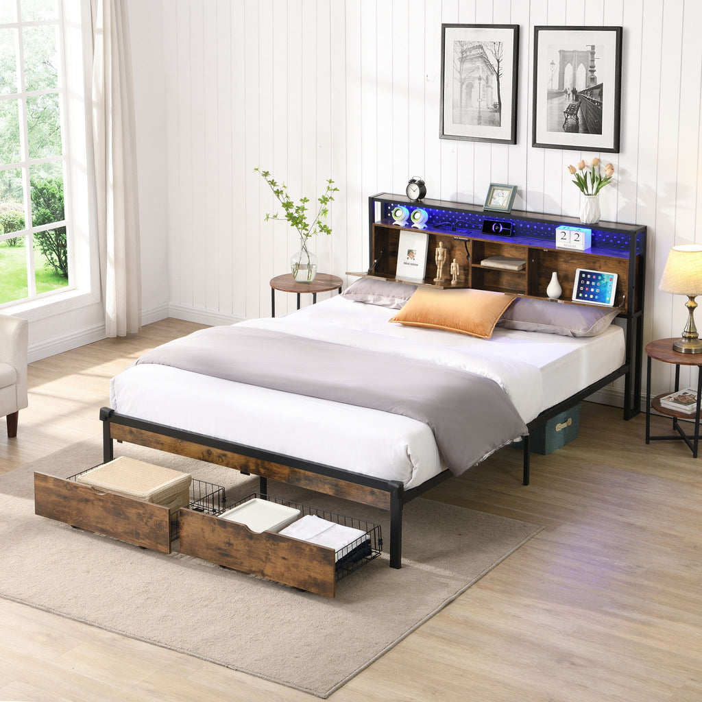 Modern Metal Platform Bed Frame With Wooden Headboard, USB Charging Station, Storage Drawers