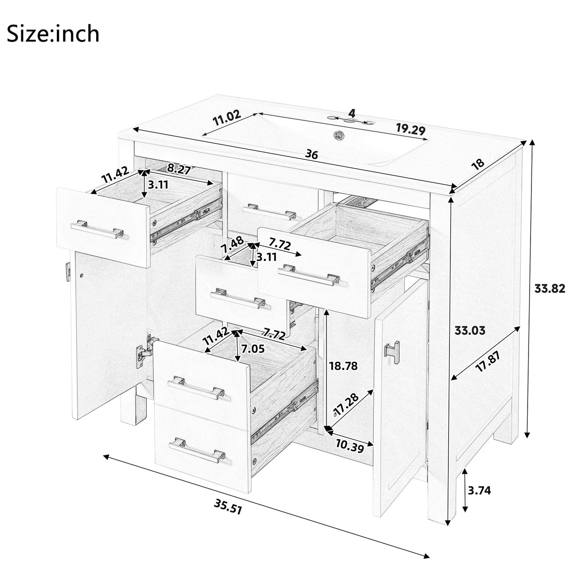 Bathroom Vanity With Sink, Cabinet With 4 Drawers & 2 Soft Close Doors, Rectangular Storage Unit For Bathroom