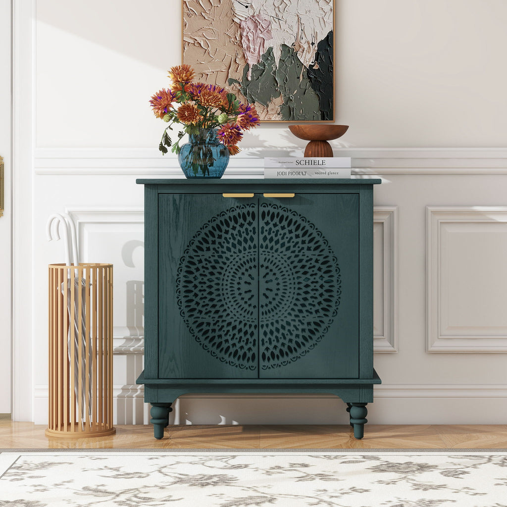 Hollow Carved 2 Door Accent Cabinet With Adjustable Shelf, Sideboard Buffet For Entryway, Living Room Or Bedroom - Blackish Green