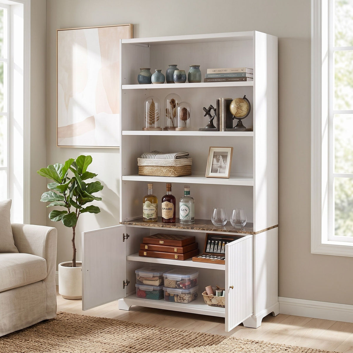 Tall Bookcase Storage Cabinet With 3 Open Shelves & Fluted Double Doors
