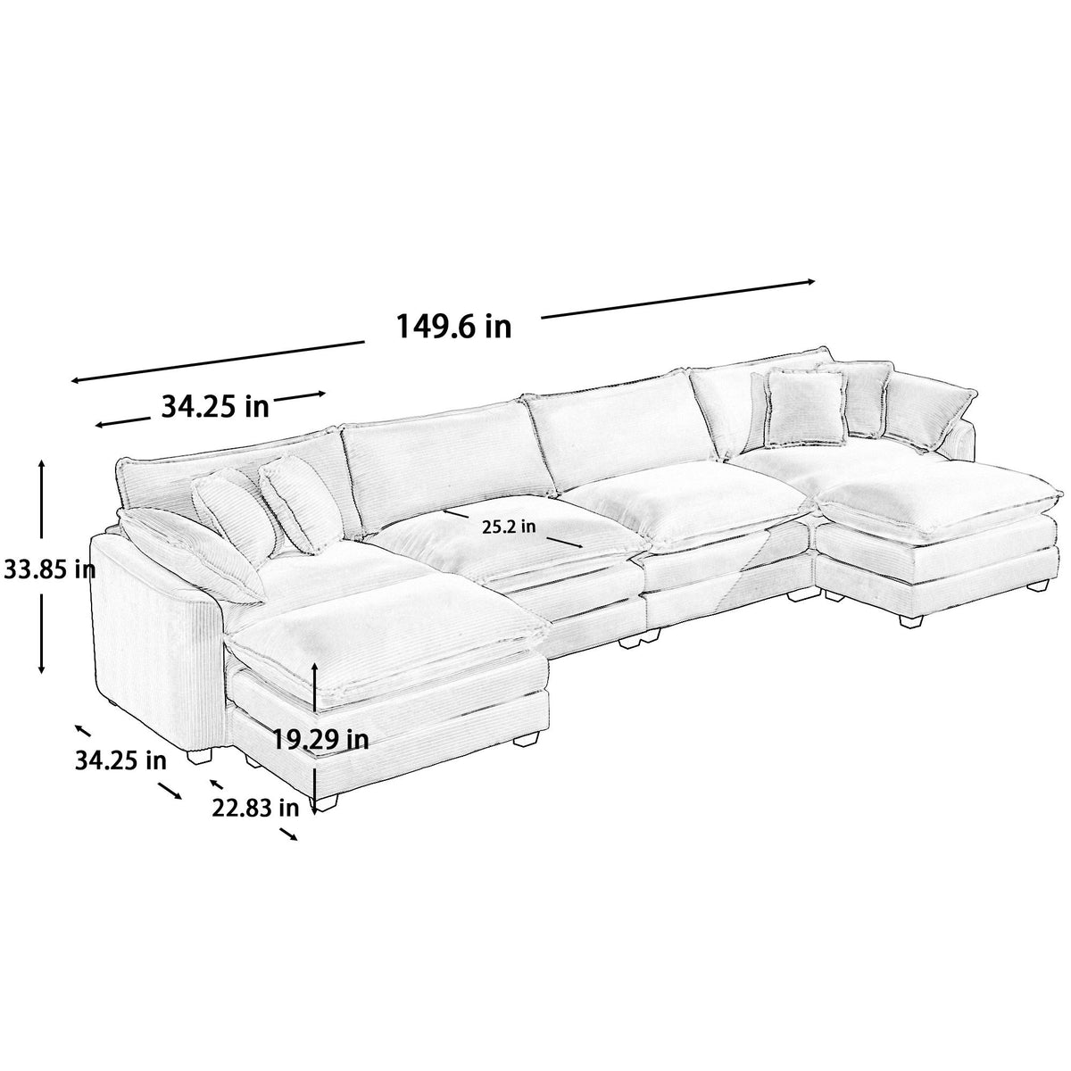 Modular Oversized Cushion Sofa With Ottoman, Low Back, Deep Seating Sofa Set