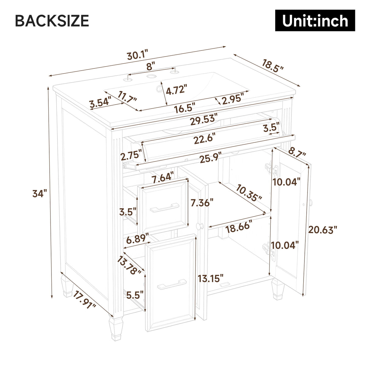 Freestanding Bathroom Vanity With Sink, Soft Close Door, Tip Out Drawer