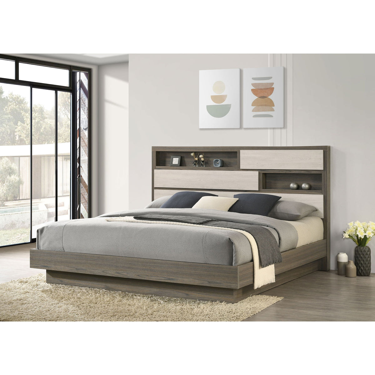 Eastern King Bed Bookcase Headboard With Hidden Storage - Oak