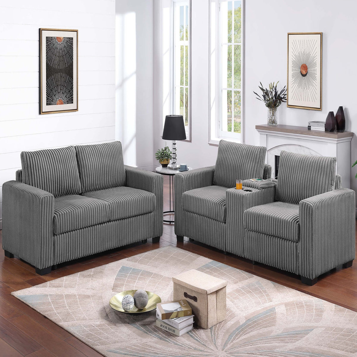 Modern Style 2 Piece Sofa Set With Cup Holders & Charging Port