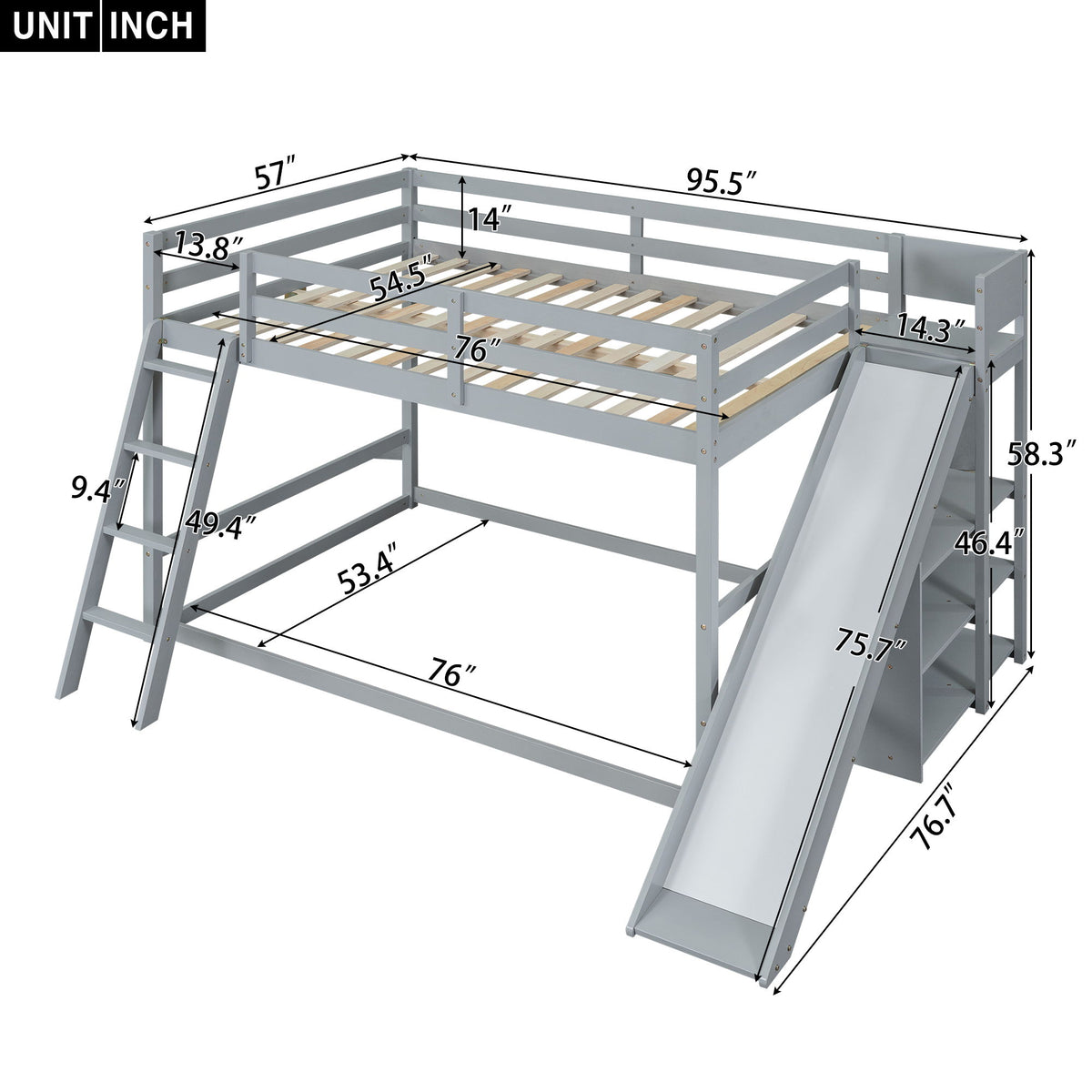Bunk Bed With Ladder, Slide, And Shelves Pine Wood