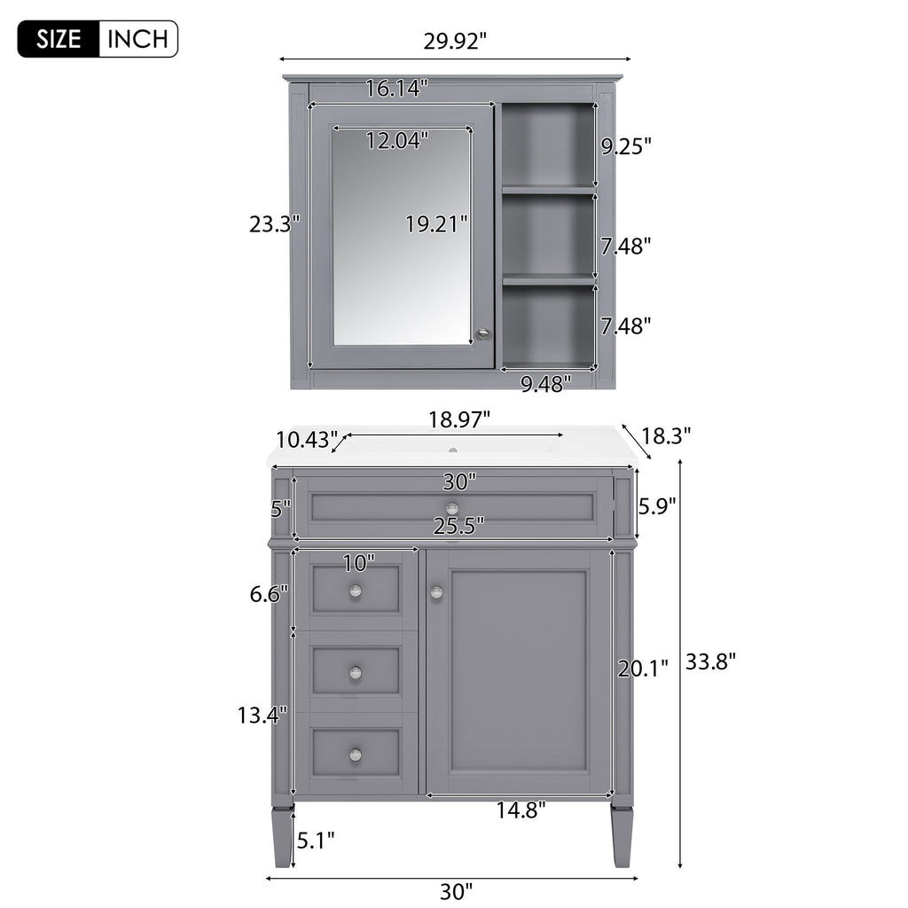 Bathroom Vanity With Medicine Cabinet, Royal Mirror Cabinet, Modern Bathroom Storage Cabinet With 2 Soft Closing Doors And 4 Drawers
