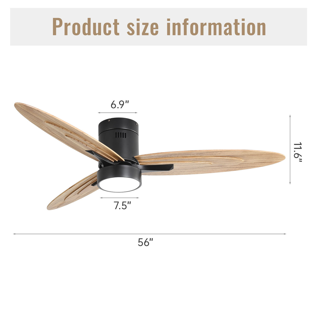 Flush Mount Ceiling Fan With Light And Remote Control, 3 Blades, Reversible DC Motor - Black