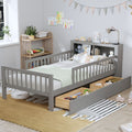 Twin Size Bed With Headboard Storage Rack, 2 Under Bed Drawers, 3 - Side Guardrails For Safety And Security - Gray