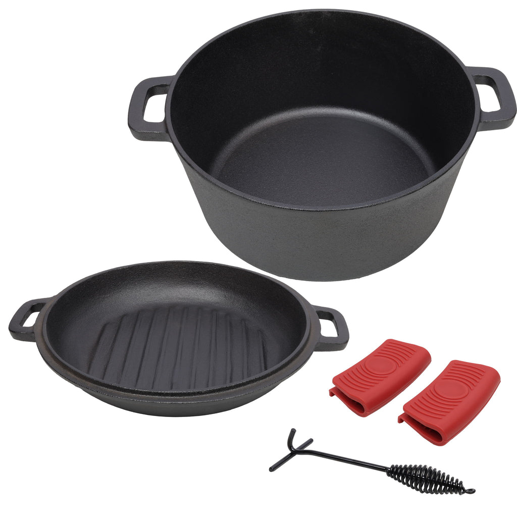 3 In 1 Pre-Seasoned Cast Iron Dutch Oven, Outdoor Camping Deep Pot, 5 Quart With Silicone Handles - Black