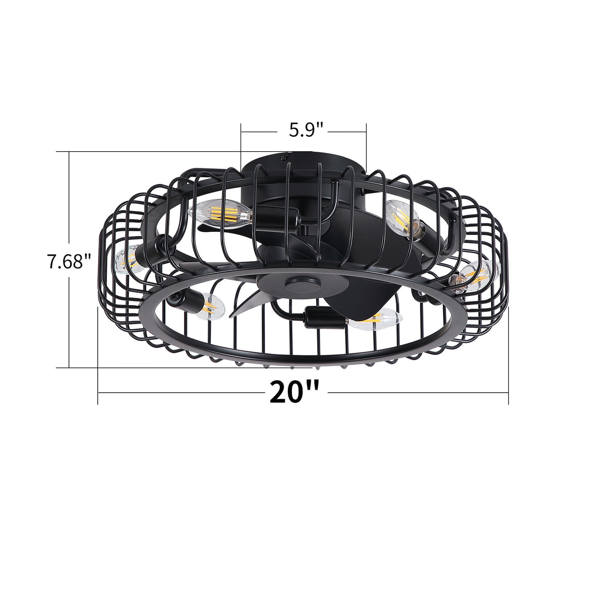 Flush Mount Ceiling Fan With Lights, Low Profile Fandelier With E12 Sockets, Reversible DC Motor, 6 Speeds - Black
