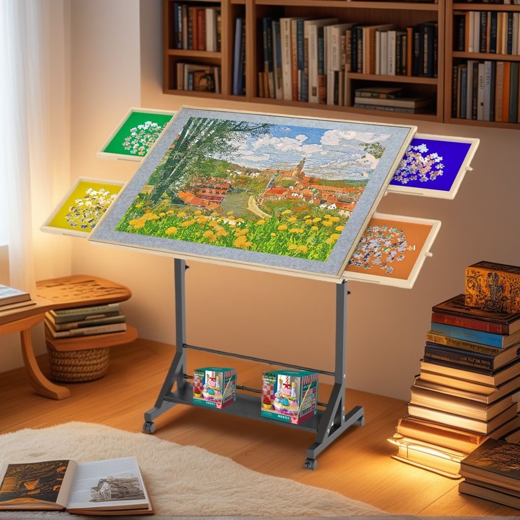 360 Degree Tilting Wooden Puzzle Table With 1500 Pieces, Rolling Design With Adjustable Height, Drawer, And Protective Cover - Black / Natural Wood