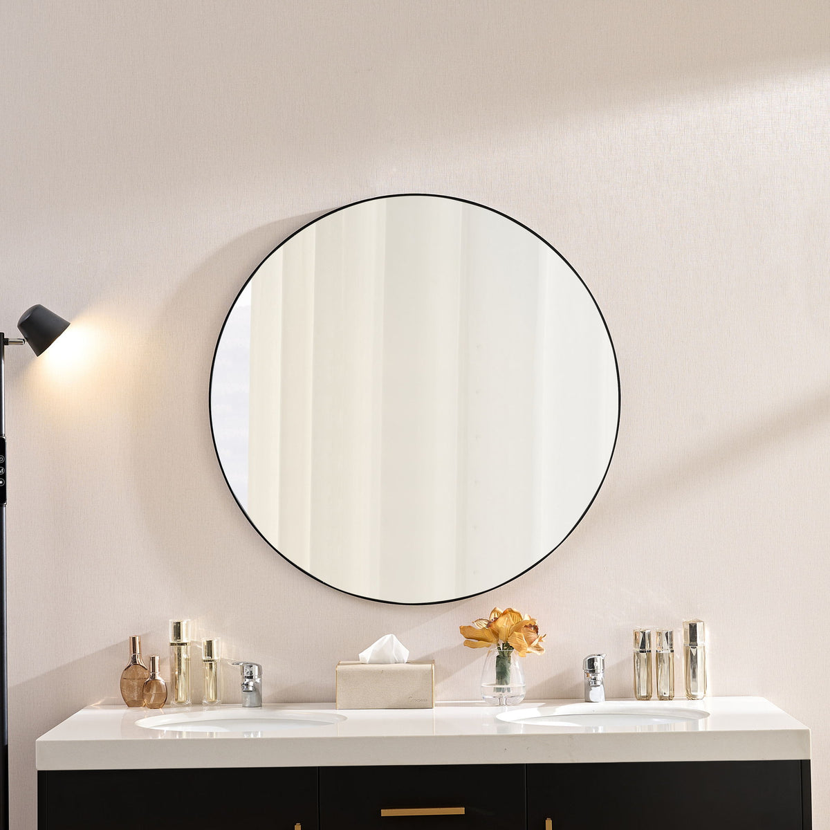 Wall Circular Framed Vanity Mirror For Bathroom, Living Room Decor - Black