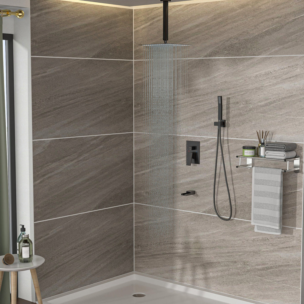 Shower System With Waterfall Tub Spout And 16" Ceiling Mount Square Rain Shower - Oil-Rubbed Bronze