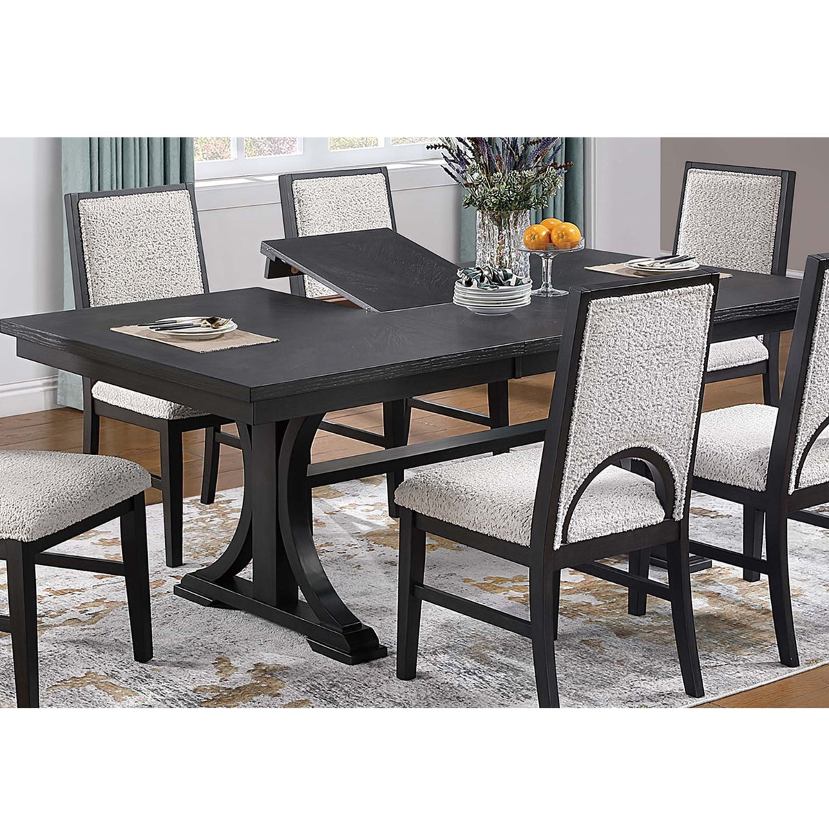 7 Piece Set, Trestle Dining Table And 6 Side Chairs With Cutout Back - Black / Charcoal / White