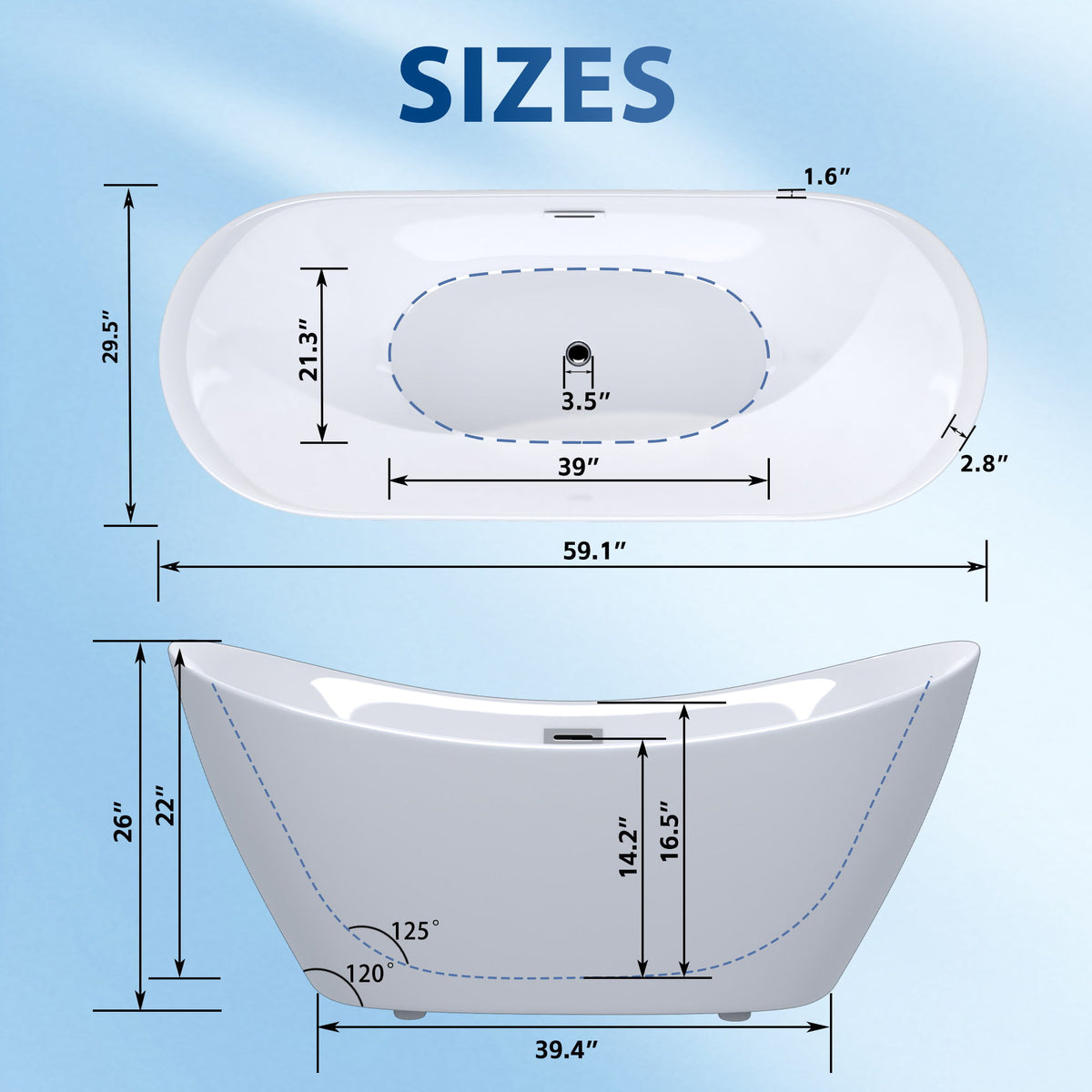 Freestanding Tub With Overflow And Pop Up Drain, Ergonomic Design