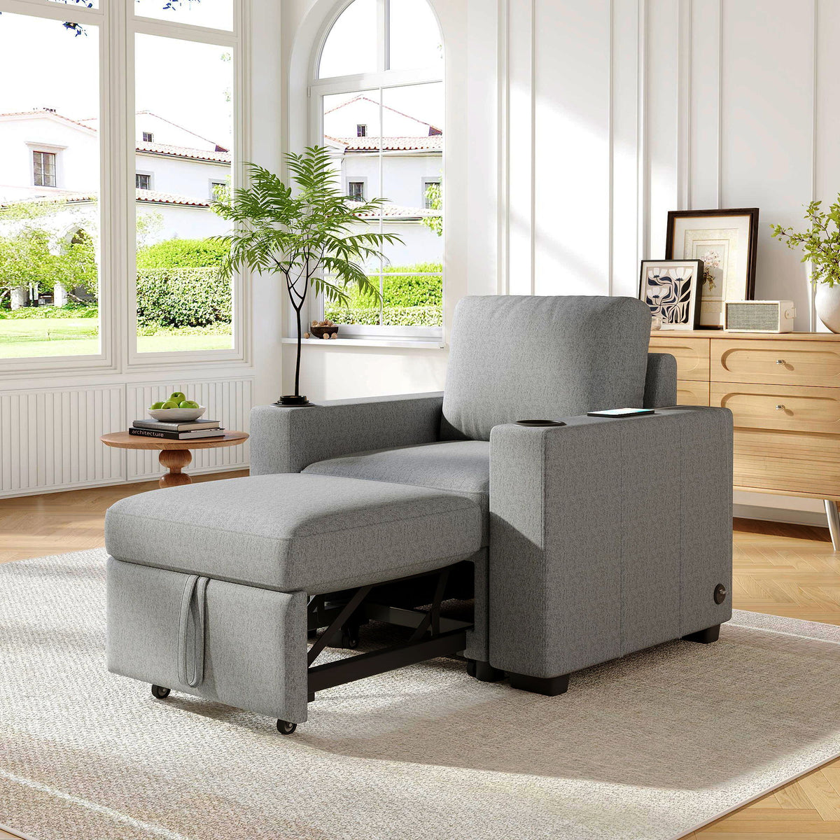 Single Pull Out Sofa Bed With USB Ports And Cup Holders