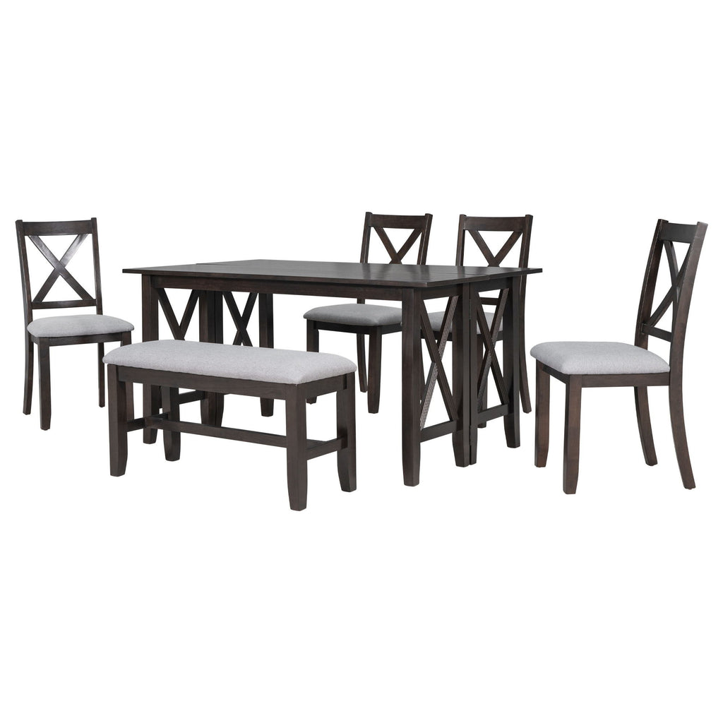 6 Piece Family Dining Room Set, Space Saving Foldable Table And 4 Chairs With Bench