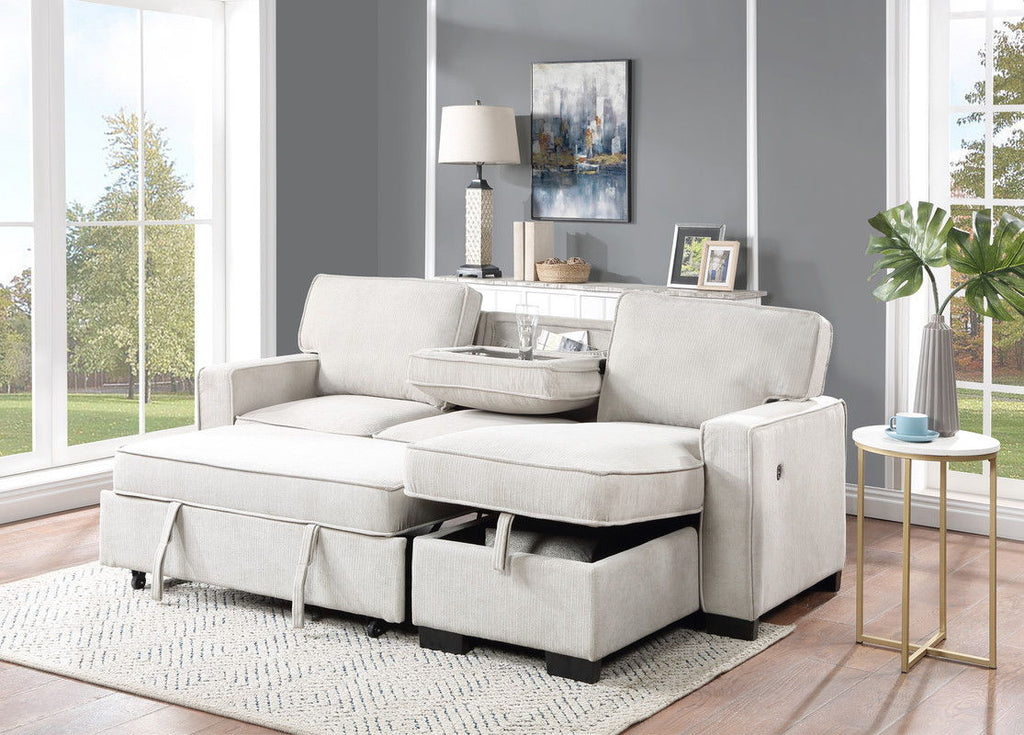 Estelle - Reversible Sleeper Sectional With Storage Chaise Drop-Down Table 2 Cup Holders And 2 USB Ports - Beige