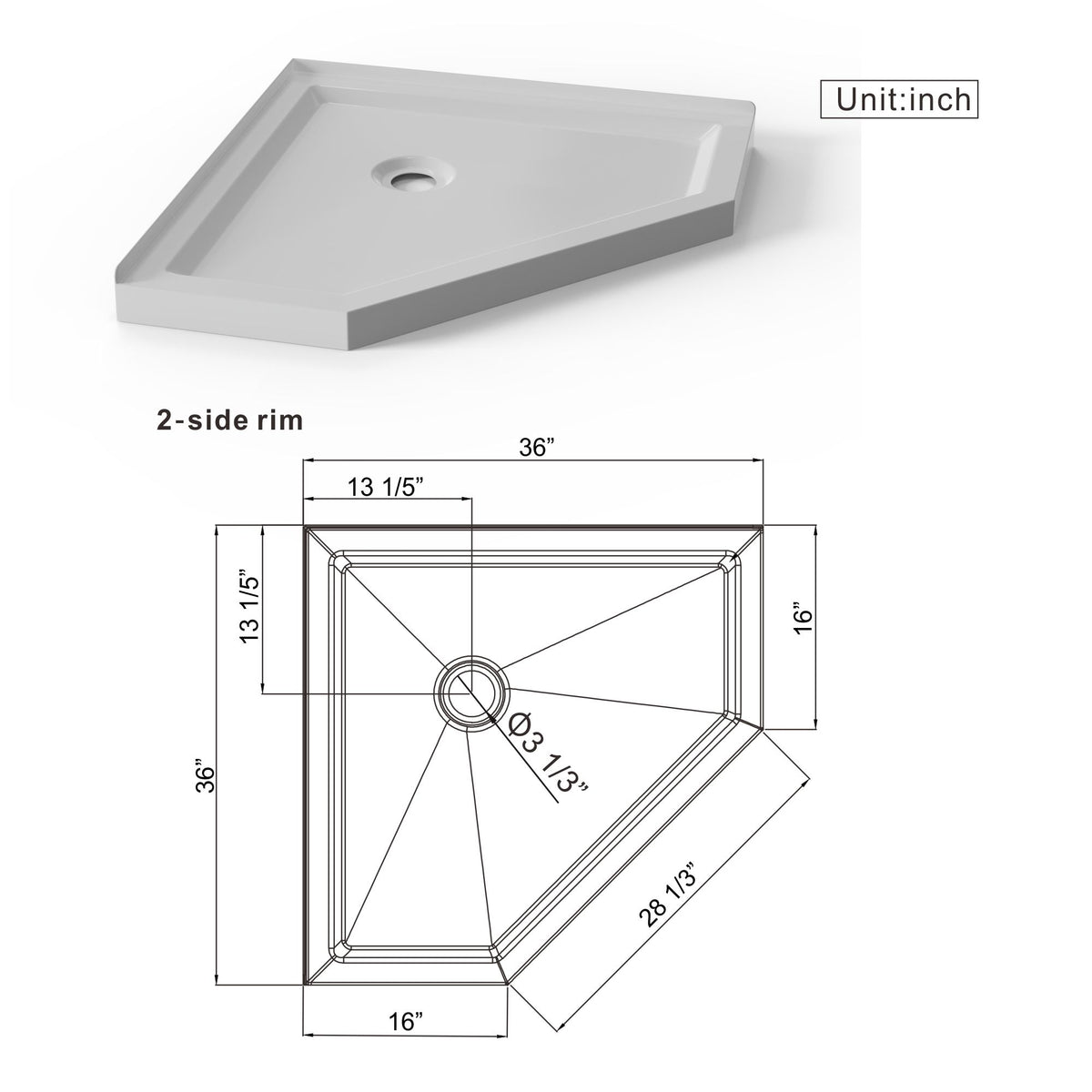 Neo Angle Corner Drain Shower Base - White