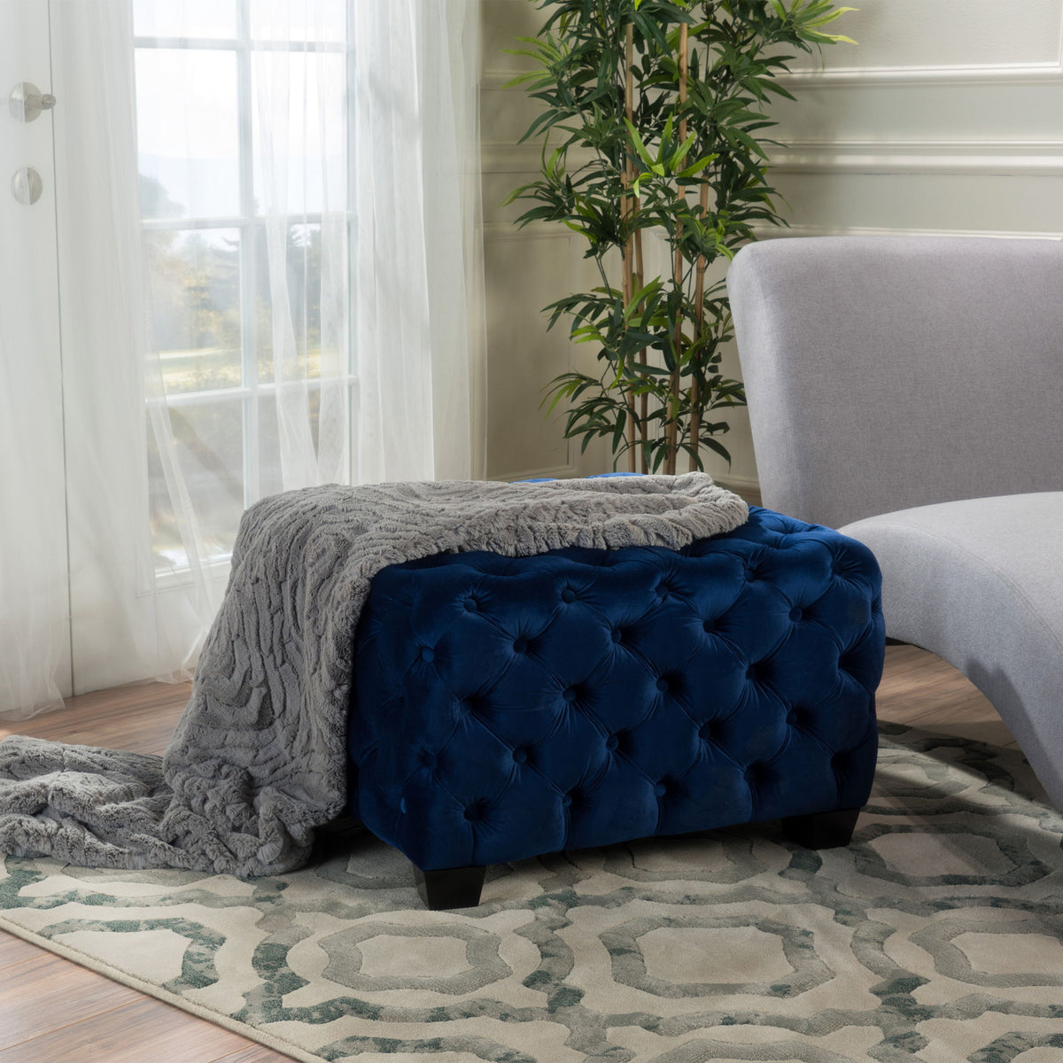 Modern Glam Ottoman With Upholstery And Button Tufted Design