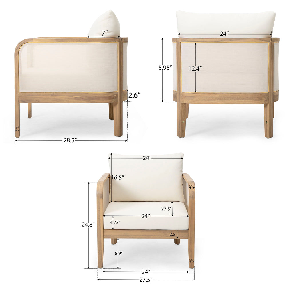 Outdoor Acacia Wood Patio Club Chair, Textilene Patio Furniture, Waterproof Thick Cushion Deep Seating For Porch, Garden, Backyard, Balcony, Weight Capacity 400Lbs, Light Teak - Beige