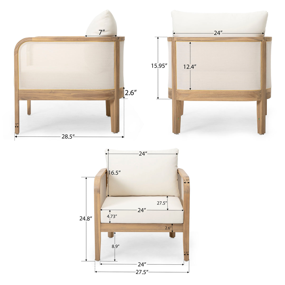 Outdoor Acacia Wood Patio Club Chair, Textilene Patio Furniture, Waterproof Thick Cushion Deep Seating For Porch, Garden, Backyard, Balcony, Weight Capacity 400Lbs, Light Teak - Beige