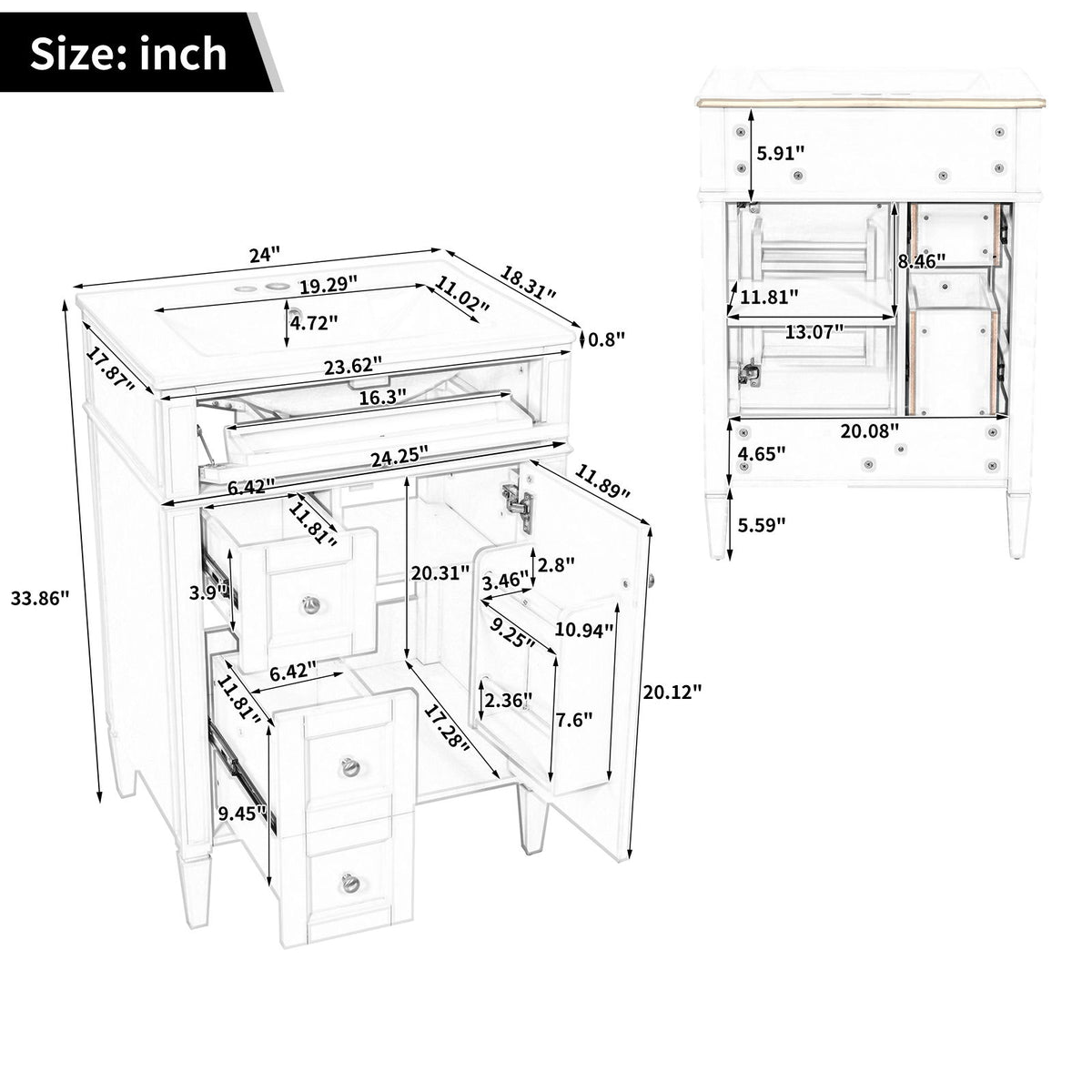 Bathroom Vanity With Top Sink, Storage Cabinet With 2 Drawers And Tip-Out Drawer