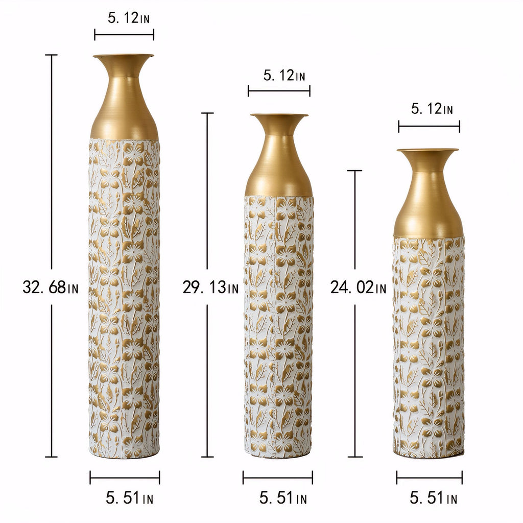 Mother's Day Gift Set Gilded White 3D Relief Flower Metal Vase Set - White / Gold
