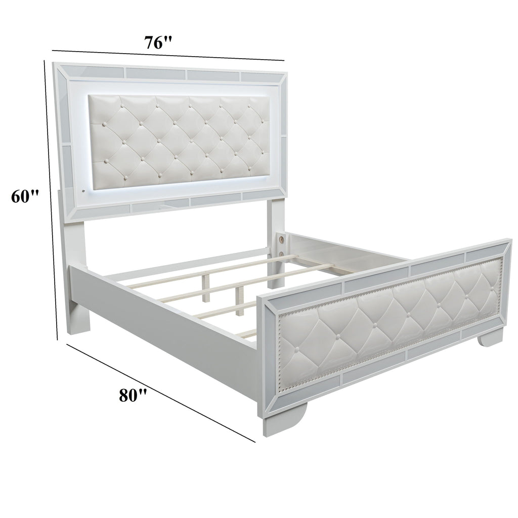 Eastern King Size Bed With LED Lights And Mirror Trim - Cream / Ivory