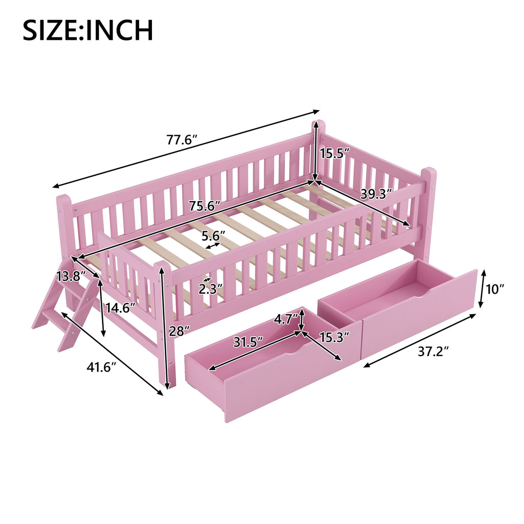 Platform Bed With Guardrail And 2 Drawers