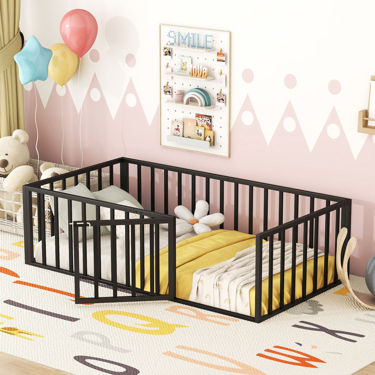 Metal Floor Bed Frame With Fence And Door