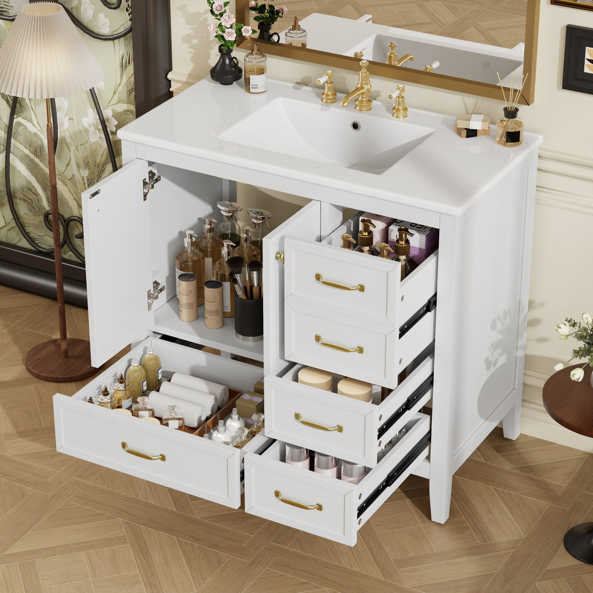 Elegant Vintage Bathroom Vanity & Sink And Soft Closing Door, 4 Drawers Of Different Sizes Frame